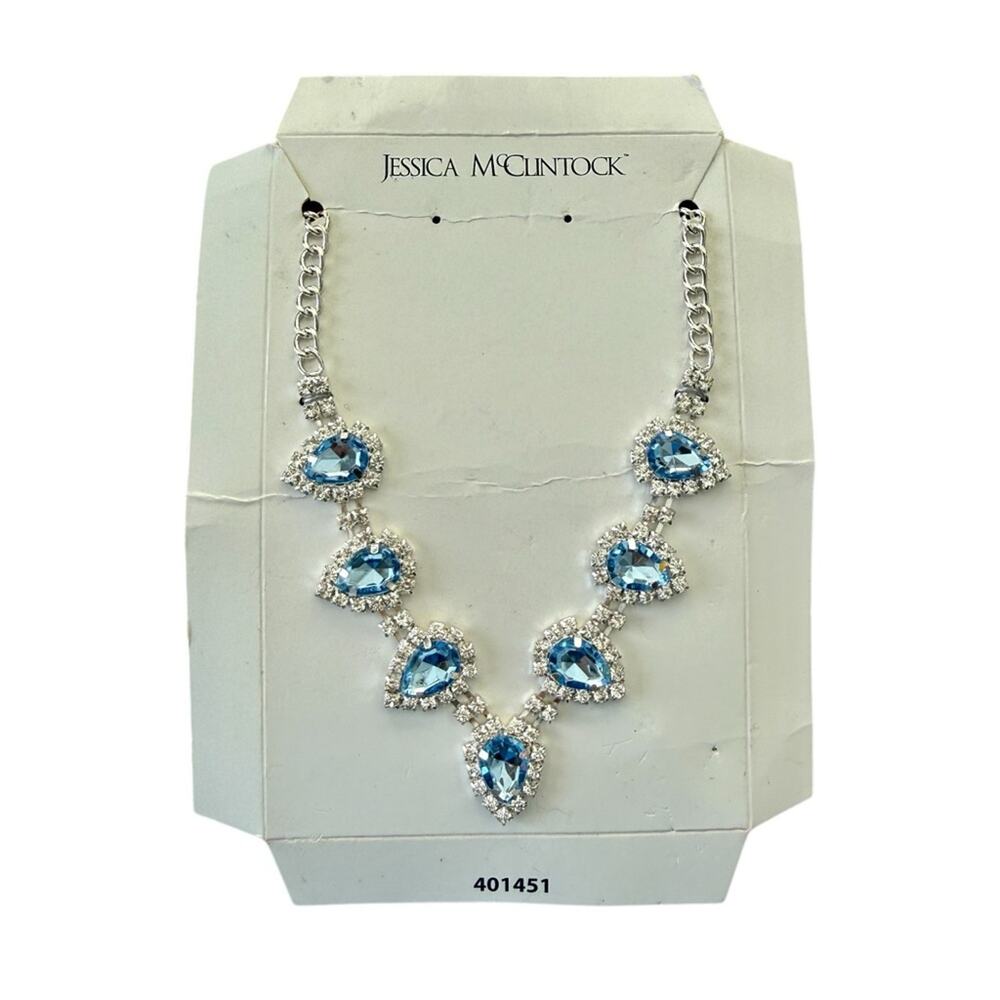 Jessica McClintock Rhinestone Statement Necklace Blue Crystal Formal New